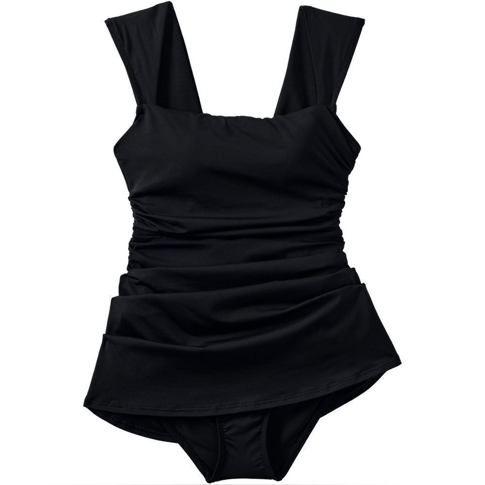 Land's End Plus Smoothing Square Neck Ruched one piece Swimsuit Ruched Black Var - Picture 2 of 6